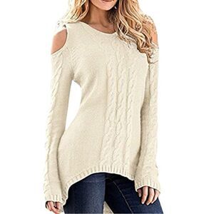 Merry Fun Cream Beige Cold Shoulder Cable Knit Hi/Low Hem Sweater